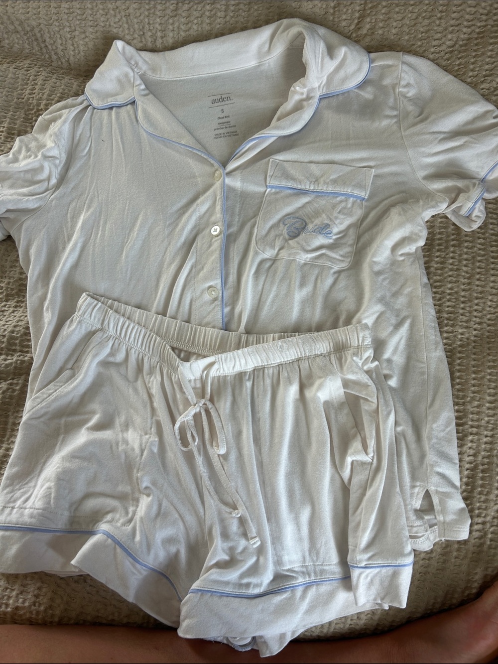 Auden White Short Pajama Set with Light Blue Piping
